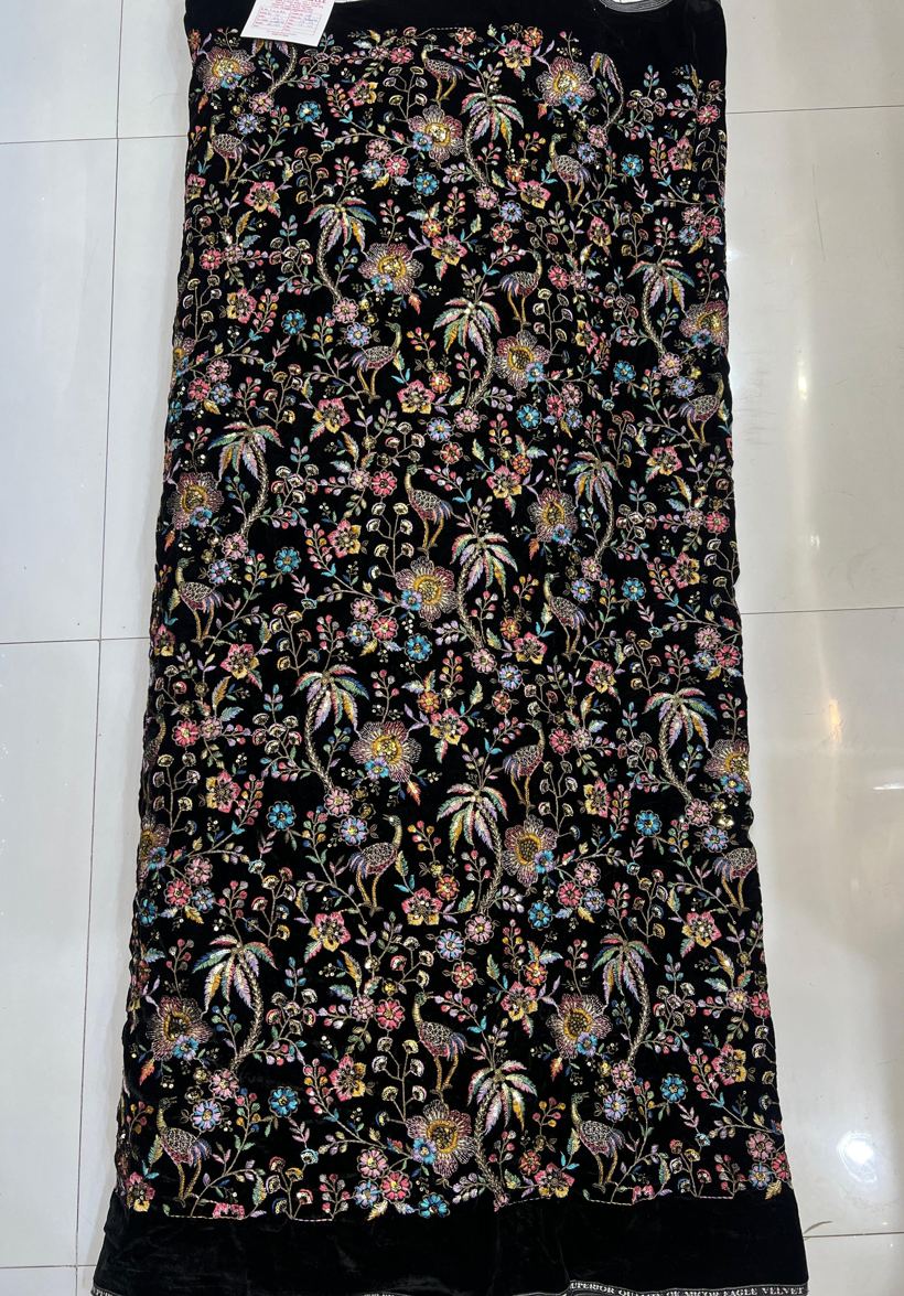Black velvet floral and bird hand embroidery fabric